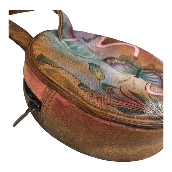 Vintage Anuschka painted leather small round handbag butterflies and flowers - Picture 4 of 11